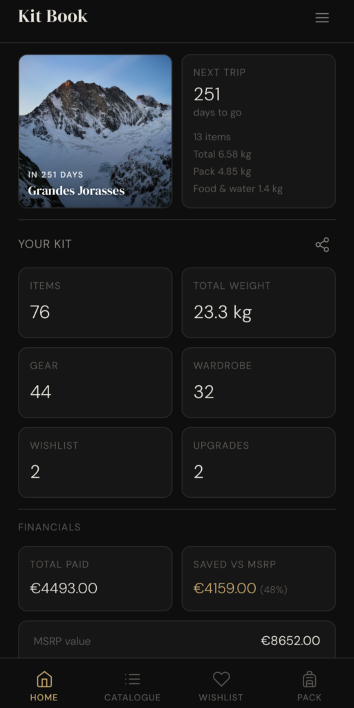Kit Book app - a gear spreadsheet alternative