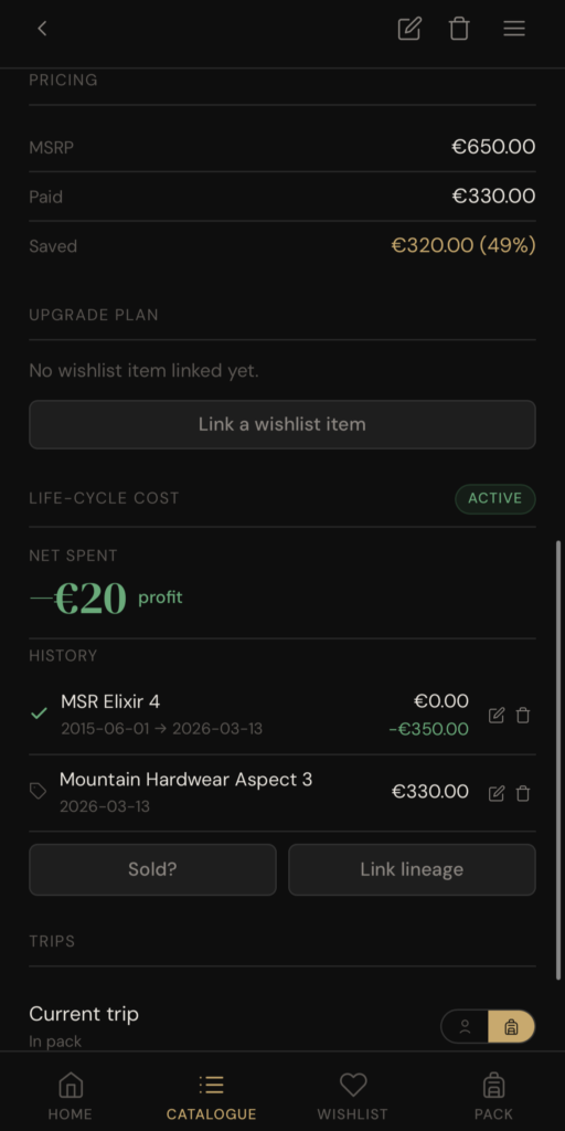Kit Book app - a gear spreadsheet alternative
